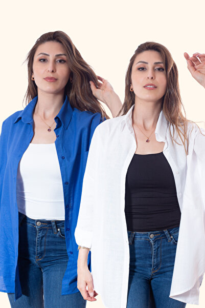 Justime Women's Oversized Cotton Linen Navy Blue - White Shirt