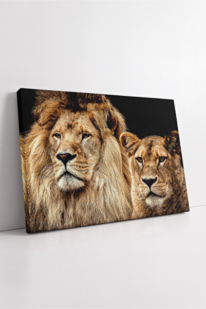 KOSS Dijital Portret de cuplu de lei în plan apropiat, expresie puternică, natură sălbatică detaliată, lucrare de artă, pictură pe pânză