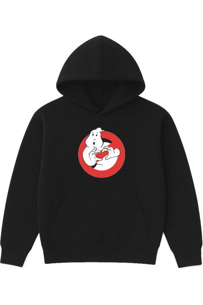 VSRN Hanorac negru supradimensionat cu glugă, cu imprimeu Heart Ghost Design