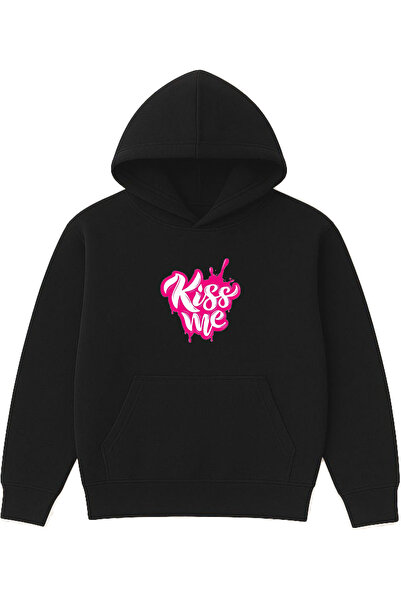 VSRN Hanorac negru supradimensionat cu glugă, imprimat cu designul „Kiss me”