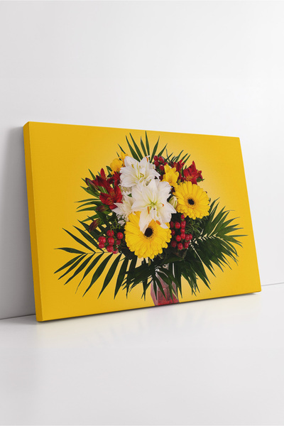 KOSS Dijital Colorful Flower Bouquet Canvas Painting Decorative Spring-Themed Modern Wall Art on Yellow Background