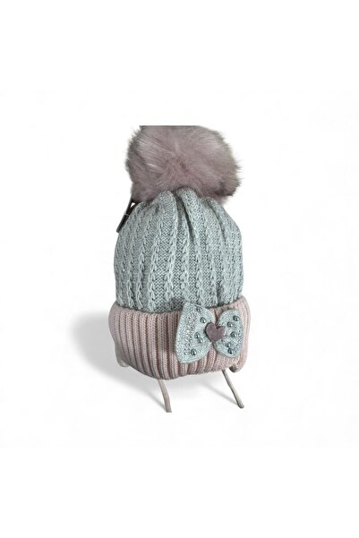 OEM Girls' hat, with fleece, fluffy tassel and silver thread – pink & gray, 6 months-2 years