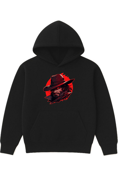 VSRN Hanorac negru supradimensionat cu glugă, imprimat cu design Hard Cowboy