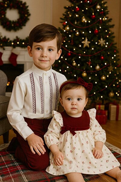 La reina petite طقم أولاد أنيق – قميص أبيض بدانتيل وأكمام طويلة مع بنطال عنابي