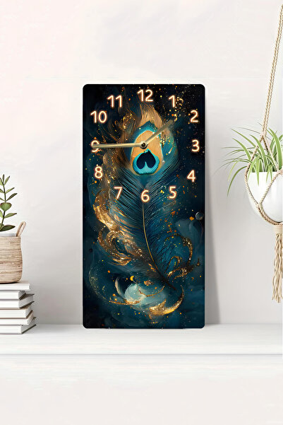 kutuTR 3D Looking 2D Uv Printing Mdf Painting Clock – Luminous Peacock Feather Pattern – 20X40 Cm-Dts231