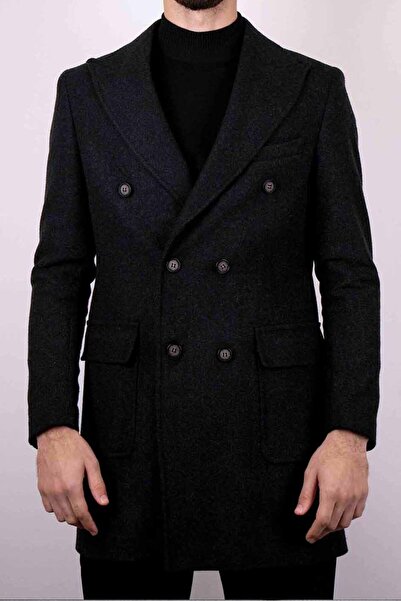 SERKAN SEVİNÇ Slim Fit Erkek Uzun Kruvaze Sivri Yaka Yün Kaşe Kaban