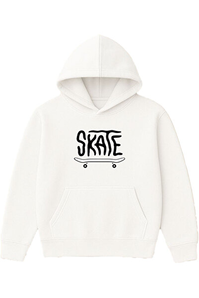 VSRN Hanorac alb supradimensionat cu glugă, imprimat cu design Skate