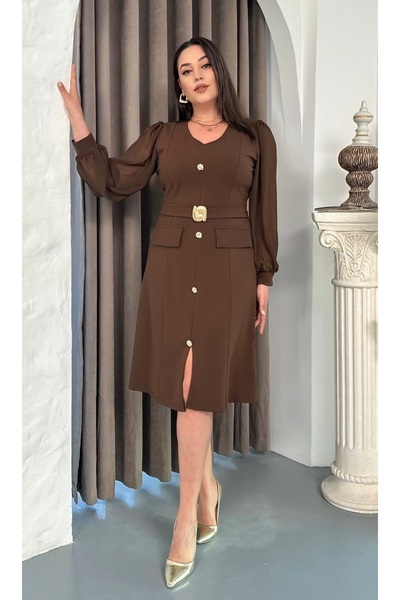 Butik Nilyam Women's Plus Size V-Neck Balloon Sleeve Pocket Flap Detail Belt Brooch Midi Stretchy Evening Dress 25106