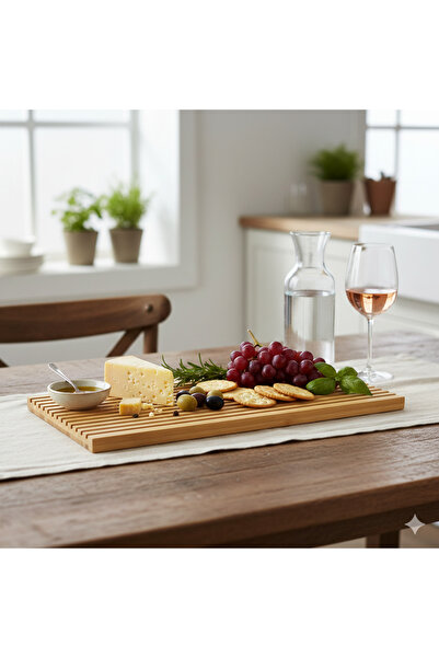 PABLITO HOME Bambu Kahvaltı ve Peynir Sunum Seti Dikdörtgen Çizgili