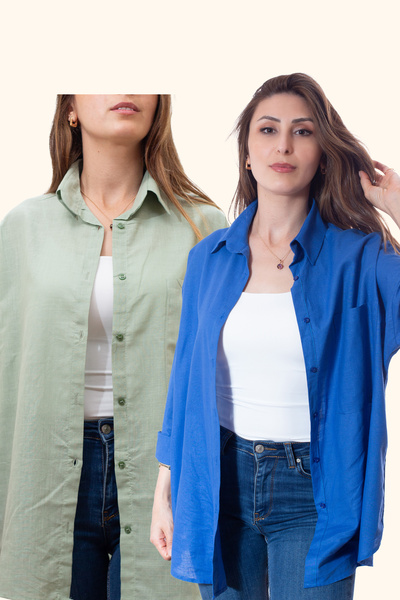 Justime Women's Oversized Cotton Linen Navy Blue - Mint Green Shirt