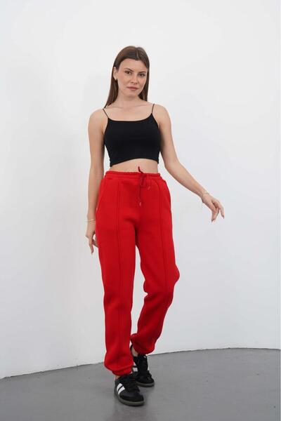 DI LORIA بنطال رياضي نسائي أحمر بثلاثة خيوط مبطن بالصوف عالي الخصر