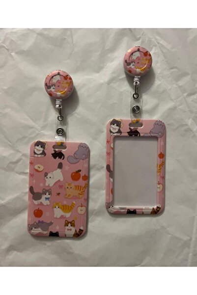 KM Pink Cat Yoyo Card Holder Reel Rope Extending Badge Holder Set