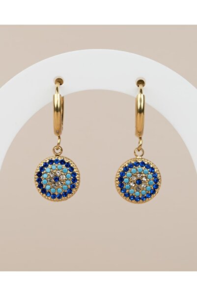 Portakal Esintisi Naressa Zirkon Taşlı Nazar Boncuklu Sallantılı Çelik Küpe