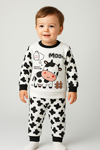MixMax Bebe Unisex Uzun Kollu İnek Desenli Alt Üst Bebek/Çocuk Pijama Takımı %100 Pamuklu