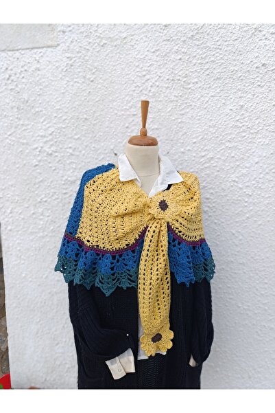 Hippybutik Mor Sarı Yeşil Tığ Örgüsü Tasarım omuz ŞalıYakalık Yün