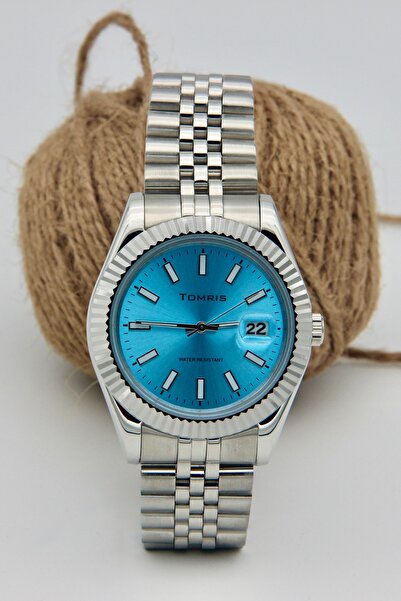 TOMRİS ساعة يد رجالية من الفولاذ المقاوم للصدأ بالكامل، مقاومة للماء، سوار فضي، مع تقويم، ومينا أزرق