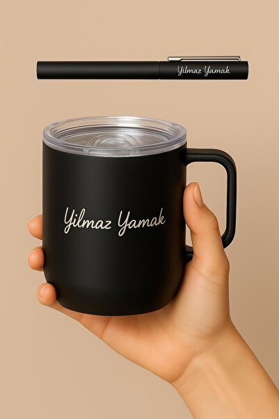 nesnelgift Kişiye Özel Kulplu Termos 350 ml Şeffaf Kapak Ve Siyah Roller Kale...