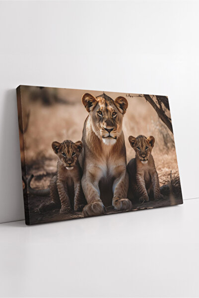 KOSS Dijital Pictură pe pânză cu mama leu și puiii săi Safari, în tonuri natu...