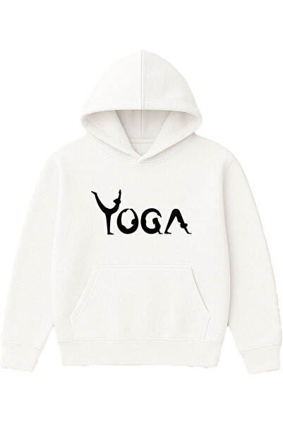 VSRN Hanorac alb supradimensionat cu glugă, imprimat cu design Yoga