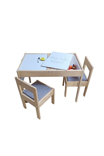 Saatistan Ahşap Duyu Masası ve 2 Sandalyeli Set, Yaz Sil Yüzeyli, Şık ve Daya...