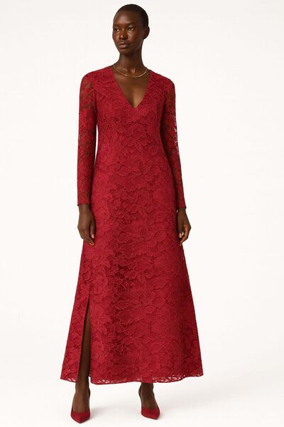 ALYEL NAKER Tek Yan Dikişten Yırtmaç Detaylı & Dokulu Midi Şık Elbise