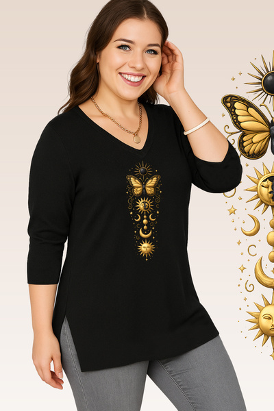 Curvy Trend Plus Size Symbol Printed V-Neck Long Sleeve Side Slit Blouse Black