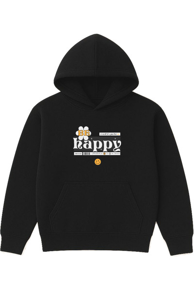 VSRN Hanorac negru supradimensionat cu glugă, imprimat cu designul Be Happy