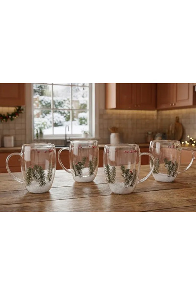 Herum Set of 4 double-walled mugs, Christmas pattern, made of glass, heat-resistant, Transparent, 330 ml