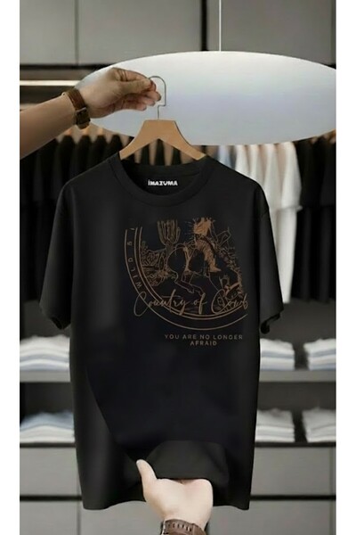 İnazuma Outdoors تيشيرت أسود بأكمام قصيرة ورقبة دائرية مطبوع قصة فضفاضة رسوما...