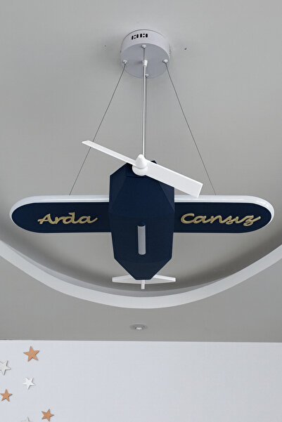 FORECASTE Uçak Temalı LED Çocuk Odası Sarkıt Avize (70x80) Kişiye Özel Tasarım, El Yapımı Görünüm (Lacivert)