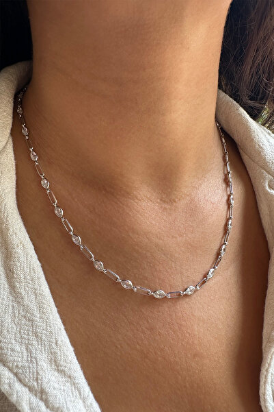 SUNSHINE 925 Ayar Gümüş Rodyum Kaplamalı Ataç Zincirli Taşlı Zarif Kolye