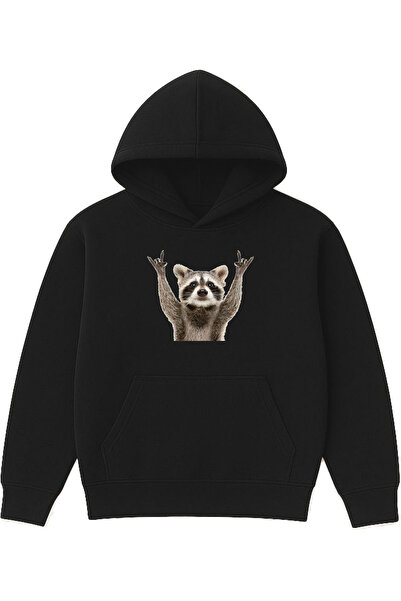 VSRN سويت شيرت راكون ديزاين مطبوع قصة فضفاضة أسود بغطاء رأس