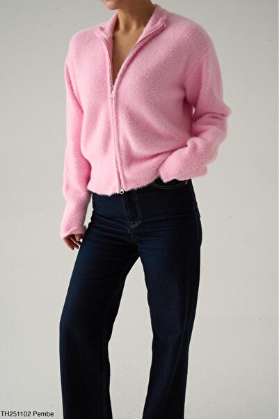 CADDELAMODA Women's Mock Neck Double Zippered Furry Soft Cardigan