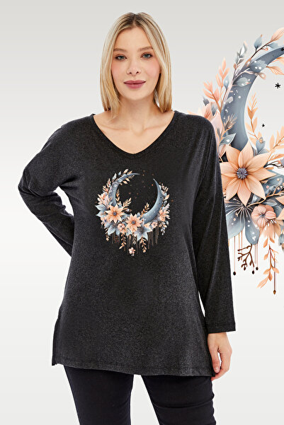 Curvy Trend Plus Size Boho Crescent Printed V-Neck Long Sleeve Slit Wrinkled Viscose Fabric Blouse Black