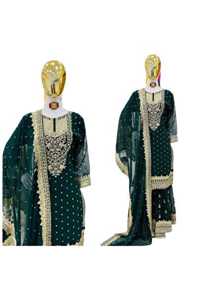 MYSMAR Green Faux Georgette Top Palazzo & Dupatta Set - PMM18237 | Green