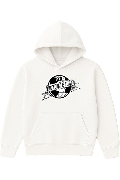 VSRN العالم هو سويت شيرت ديزاين مطبوع قصة فضفاضة أبيض بغطاء رأس