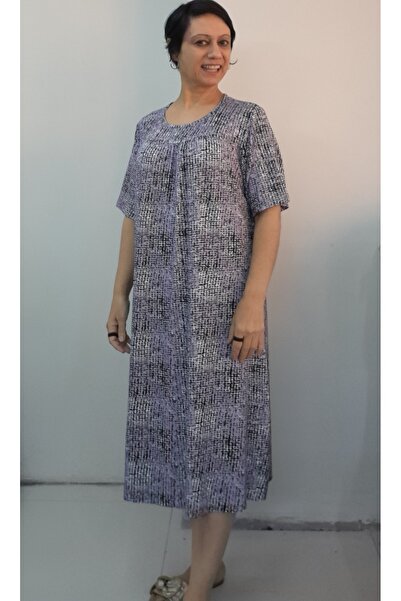 Mertcan Butik Lilac Black Patterned Front and Back Slit Drawstring Short-Sleeved Combed Viscose Dress