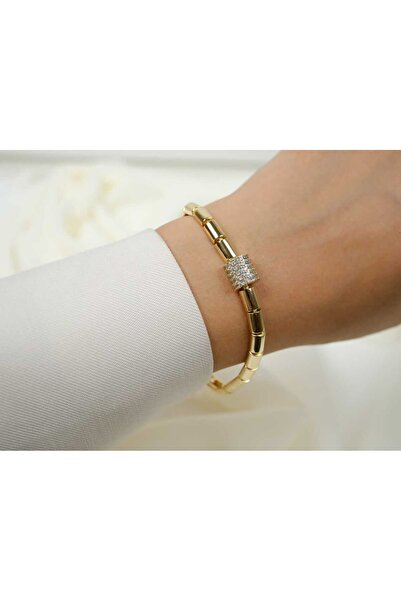 BLK002 14 K TAŞLI KÜP DETAYLI BAR BİLEKLİK - 17 cm + 2 cm UZATMA