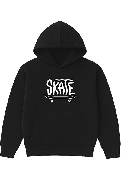 VSRN سويت شيرت سكيت ديزاين مطبوع قصة فضفاضة أسود بغطاء رأس