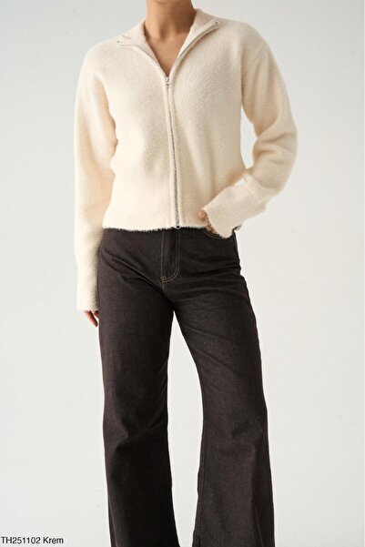 CADDELAMODA Women's Mock Neck Double Zippered Furry Soft Cardigan