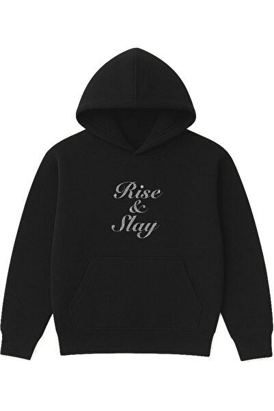 VSRN Hanorac negru supradimensionat cu glugă, imprimat cu designul Rise And Slay