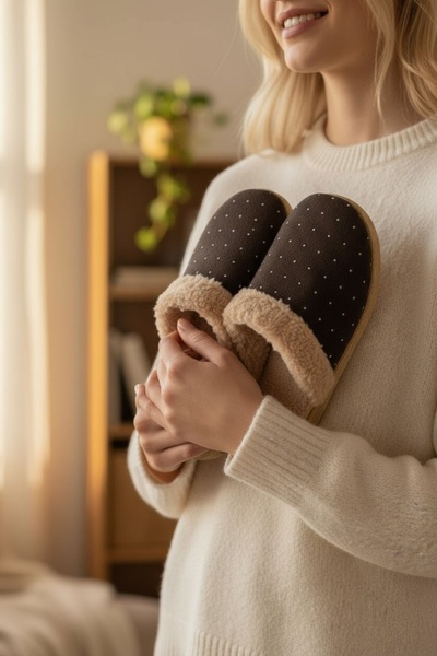 Modafırsat Winter House Slippers Black Plush Woolen Women's Slippers Guest Dowry Bundle Bridal Slippers