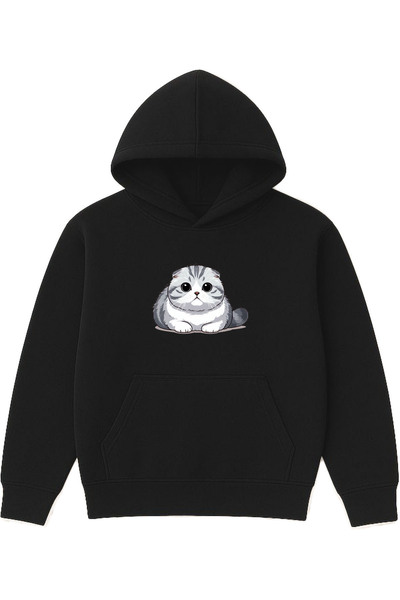 VSRN Hanorac negru supradimensionat cu glugă, imprimat cu design Sweet Cat