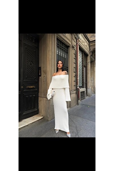 Lovely butik Beige Madonna Collar Design Long Knit Dress