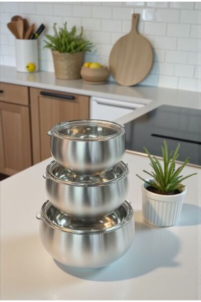 Ulus Home 3 Lü 304 Çift Cidarlı Paslanmaz Çelik Vakum Kapaklı Çok Amaçlı Saklama Kabı -14-16-18 cm