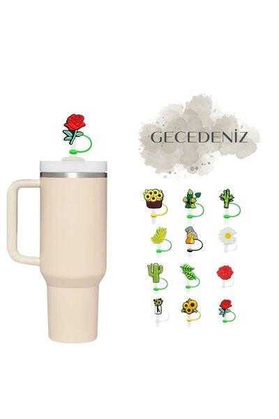 GECEDENİZ Termos Uyumlu Pipet Tıpası Saplı Gül Dalı