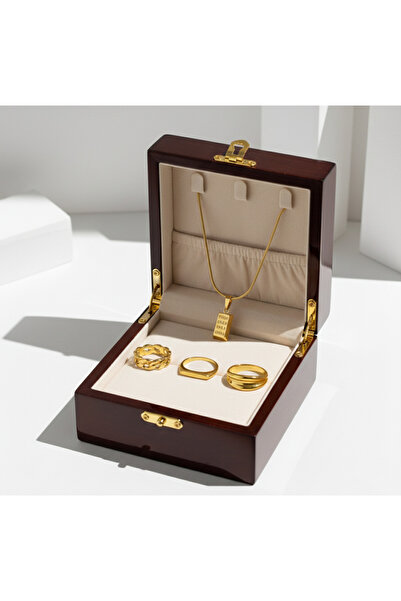 Ervalina Külçe Altın Kolye ve 3'lü Basic Yüzük Set Özel Gün Sevgililer Öğretm...