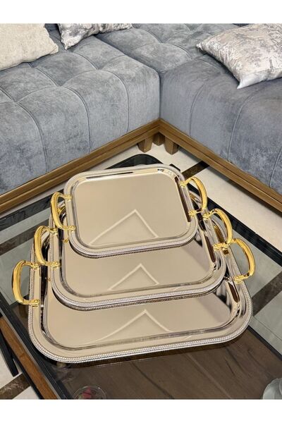 aljahwari 3-piece serving tray set, nickel finish, gold handle