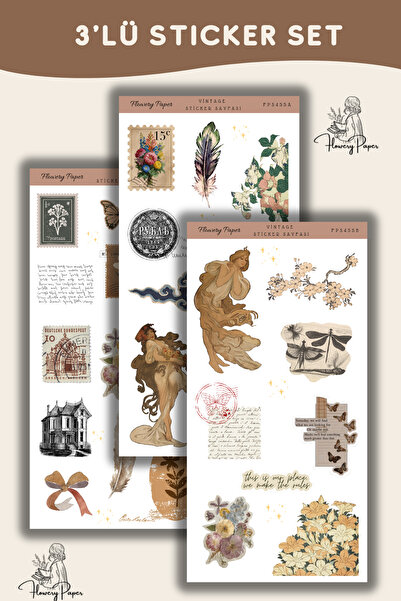 Flowery Paper 3'lü Sticker Sayfası, Defter,ajanda ,journal,scrapbook,için Uyg...