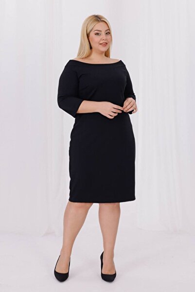 Truva XXL Plus Size Black Carmen Collar Crepe Dress